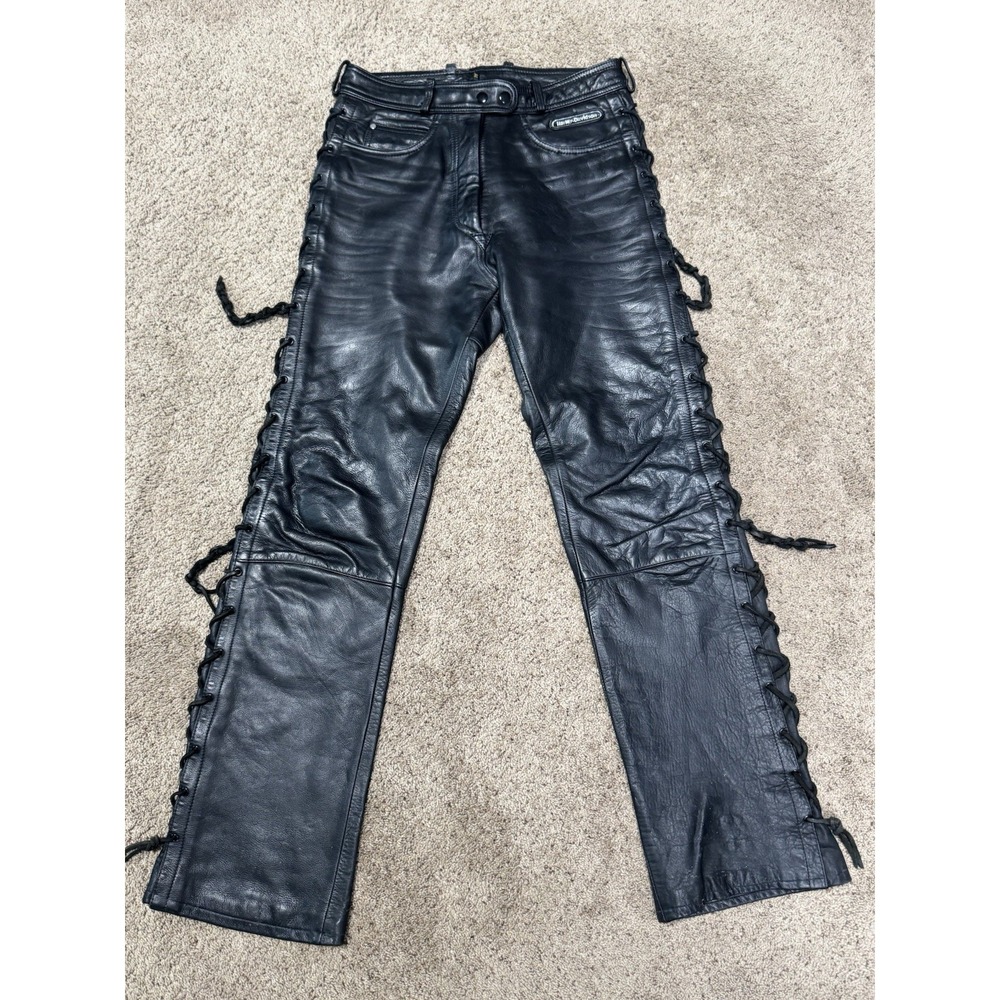 Vintage Harley Davidson Leather Pants Womens 14 Moto Braided Chaps Biker 80s 90s - Picture 1 of 11